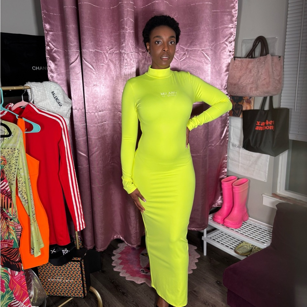 Milano Di Rouge Yellow Green Bodycon Long Sleeve Dress